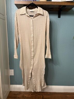 Sadie & Sage Cotton Stripe Maxi Shirt Dress Neutral Boho Button Front Beach